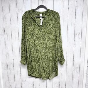 H&M Dress Women Size 2 Green Animal Print Long Sleeve Tunic Midi Button‎ Front
